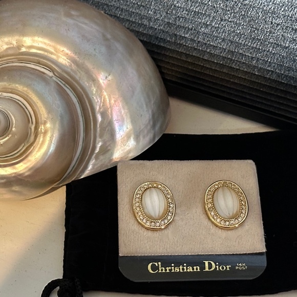 Christian Dior Earrings - Gold Camphor Glass & Chrystal Earrings - Vtg 90s NOS - Picture 1 of 6
